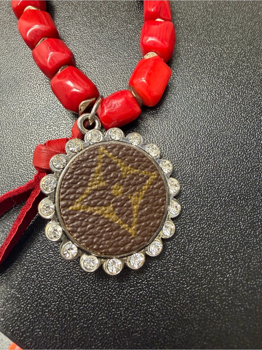 Red Beaded Necklace with Brown LV Monogram Pendant